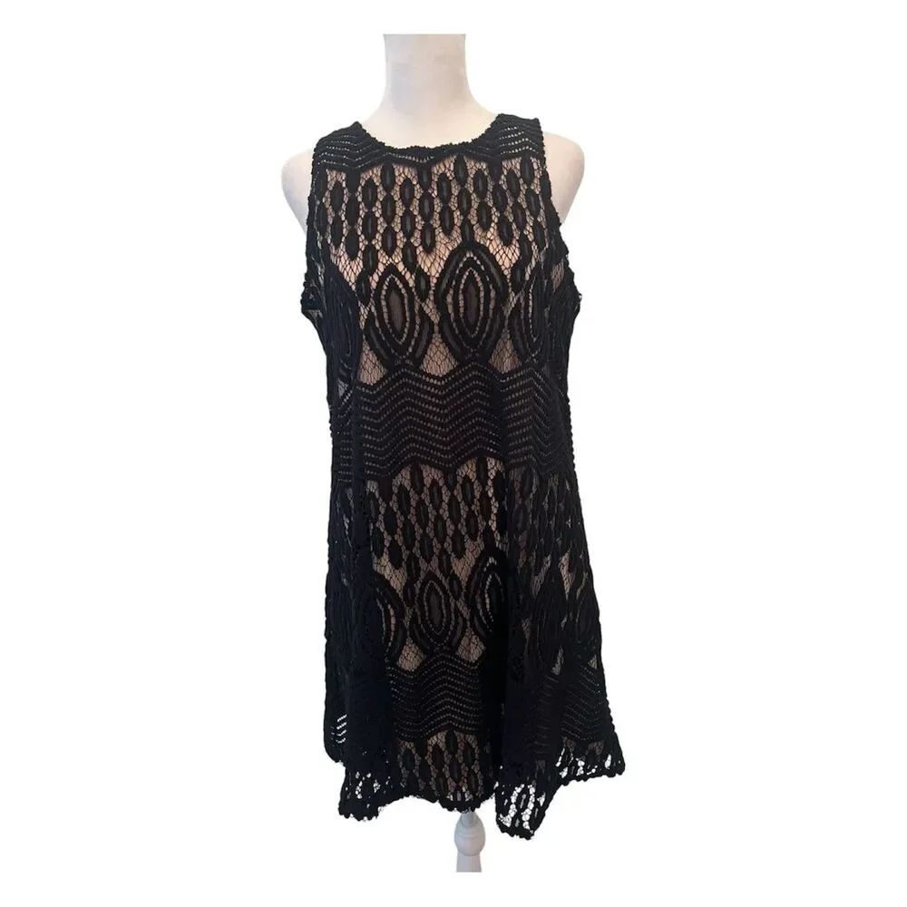 Sharango Size 8 Black with nude lining Crochet A-line Dress EUC